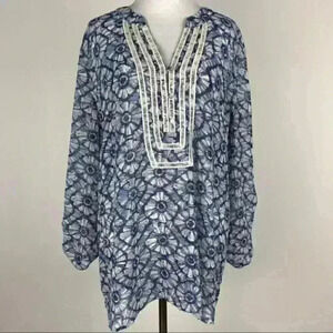 Multiples top sz XL white blue floral tab sleeve